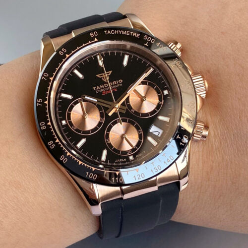 Tandorio Rose Gold 39mm Chronograph Sapphire Crystal Men Watch VK63 Quartz Steel - Picture 18 of 36