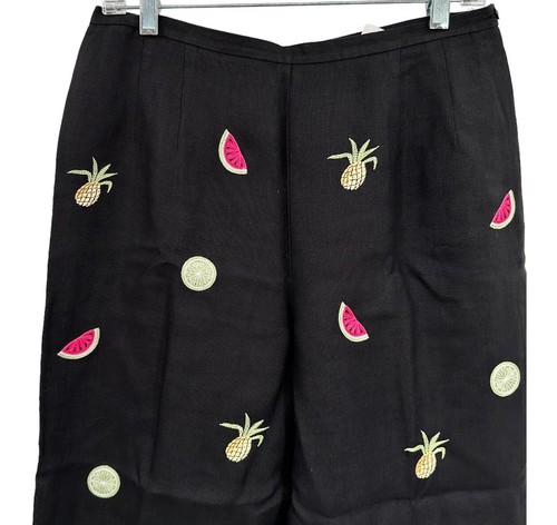 Talbots Crop Pants 14p Women's Irish Linen Black Embroidered Printed Fruit High - Picture 3 of 8