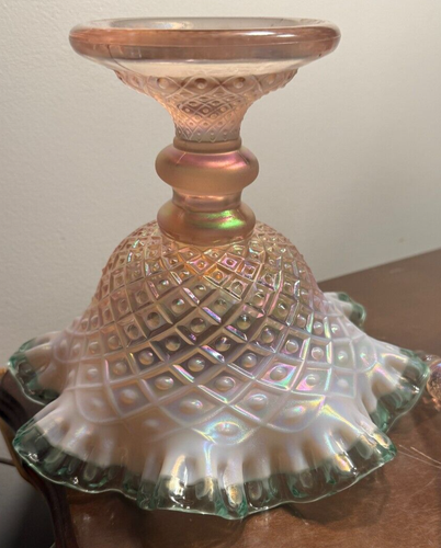 Fenton Art Glass Diamond Lace Epergne Champagne Pink Iridescent Sea Mist Green - Picture 6 of 9