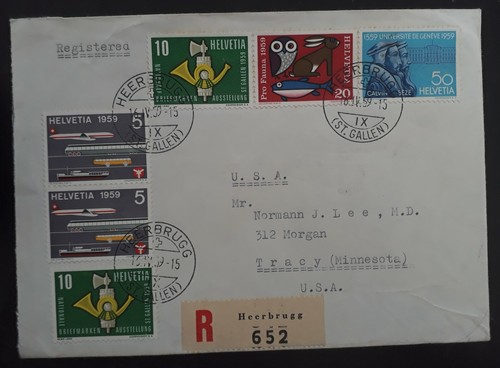 1959 Switzerland Registd Cover ties 6 Events stamps cancelled Heersbrugg to USA - Picture 1 of 2