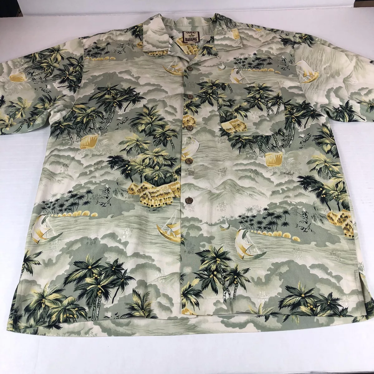 Tommy Bahama Shirt Men's Large Green Colorful Button Down Silk Blend Casual