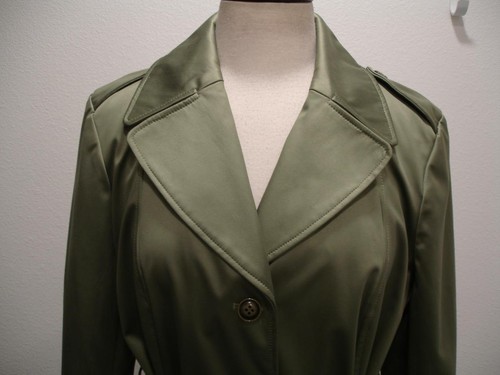 Women's XL Bernardo Green Classic Trench Dress Coat Long Belted Satin Look Lined - Picture 2 of 19