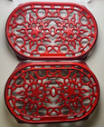 Pair Le Creuset Snowflake Trivet France Oval Cast Iron Red Cherry Missing Rubber