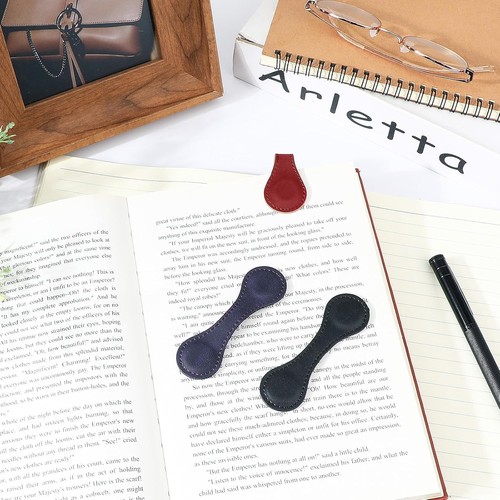 3 Stück Leder Magnet Lesezeichen Retro Buchmarker Clip schwarz, rot, lila - Bild 7 von 9