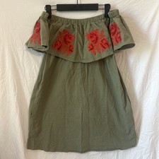 Umgee USA Medium Mini Dress Olive Green Floral Embroidery Off Shoulder Boho