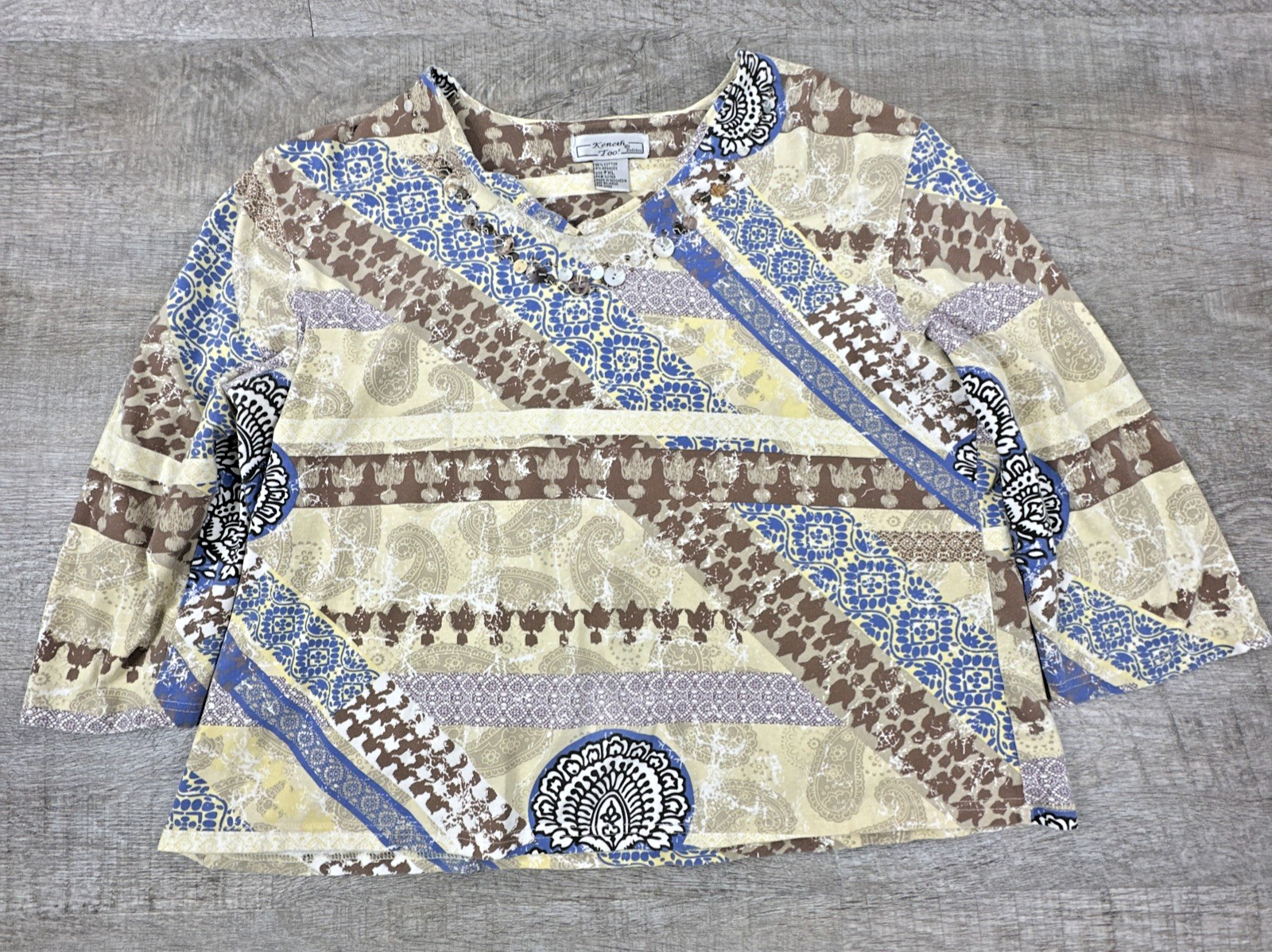 Keneth Too Women's Blouse PXL Multi-Color Paisley Floral 3/4 Sleeve Top