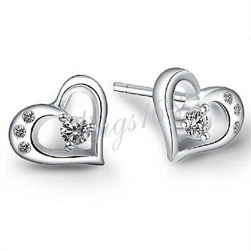 925 Sterling Silver Tarnish-Free 14x8mm Open Heart Crystal Stud Earrings H1025 - Picture 2 of 2