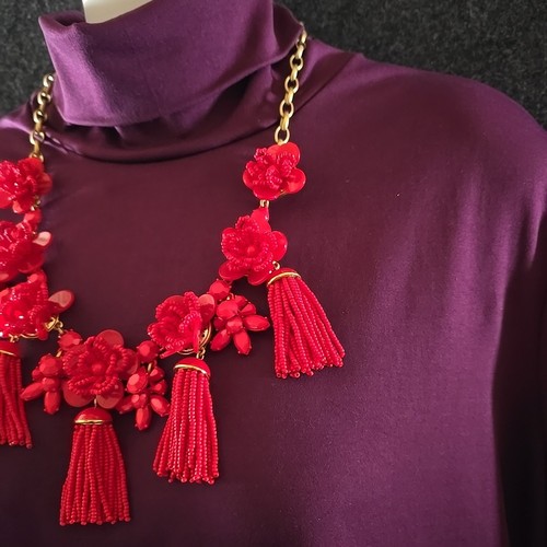 J. Crew Beaded Red Flower with Beads Tassels Statement Necklace 22" - Picture 3 of 8