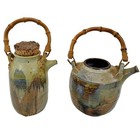 DripGlaze Pottery Pitcher Bamboo Handle Oklahoma 70s Southwest SIGNED Kuharic?