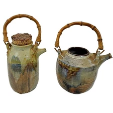 DripGlaze Pottery Pitcher Bamboo Handle Oklahoma 70s Southwest SIGNED Kuharic?