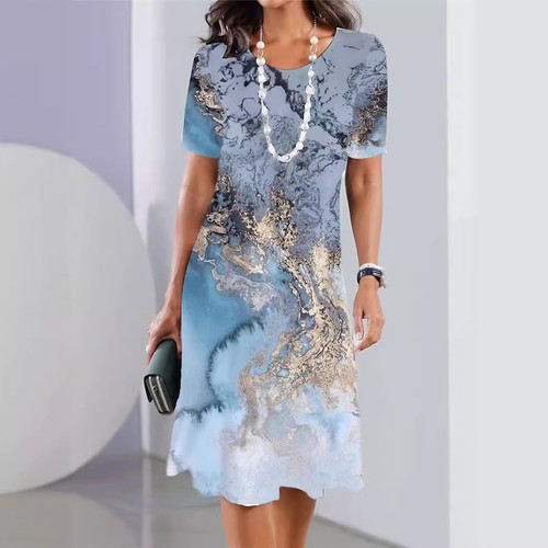 Damenmode Kleid vielseitig Alltag Freizeit Locker Rundhals Kurzarm Kleid - Bild 1 von 15