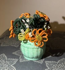Vinatge Mini French Beaded Flowers In Green Pot
