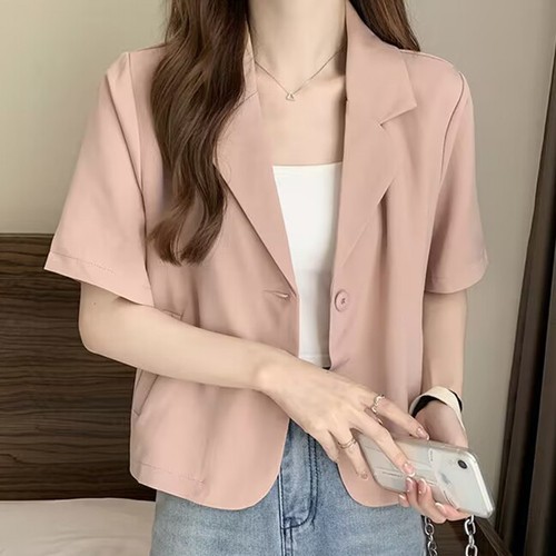 Medium Elasticity Women Blazers Short Sleeves Solid Color Comfy Fashion New - Picture 7 of 23