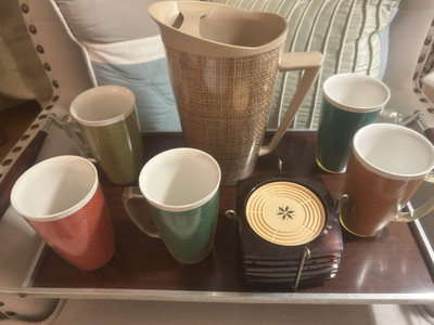 Vintage Raffiaware Drinking Cups, Pitcher & Starburst 50's Lucite Coasters