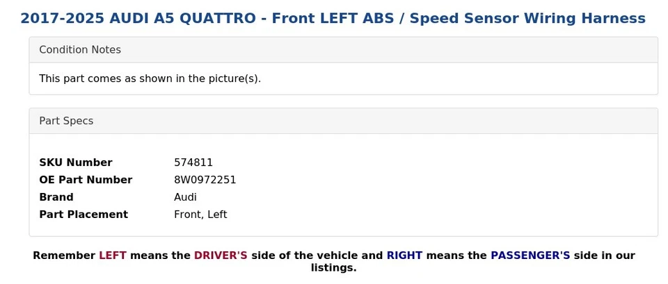 AUDI A5 QUATTRO 2017-2025 - ABS/sensor de velocidad delantero izquierdo arnés de cableado Foto 4 de 4