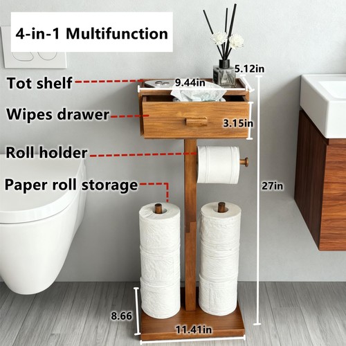 Freestanding Bathroom Toilet Paper Holder Stand with Shelf, Wood Toilet Paper... - Foto 3 di 6