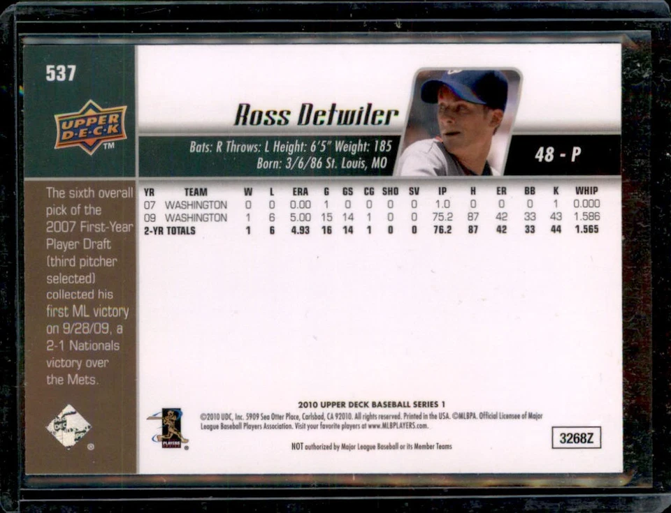 2010 Upper Deck No537 Washington Nationals Росс Детвилер с автографом/подписью IP - Изображение 2 из 2