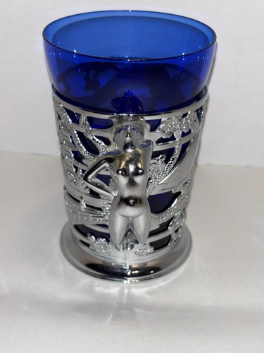 VTG Asian Style Japanese Silver Chrome Metal & Cobalt Blue Glass Stein Mug - Picture 2 of 11
