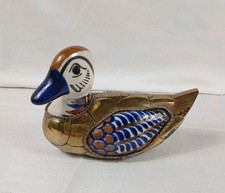 Vintage Ente Messing Keramik Blau/Weiß/Gold Mexico