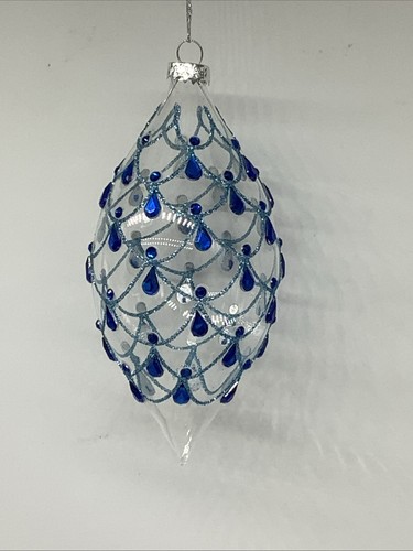 2 Handblown Glass Teardrop Christmas Ornament Clear/Royal Blue Rhinestones - Picture 3 of 5