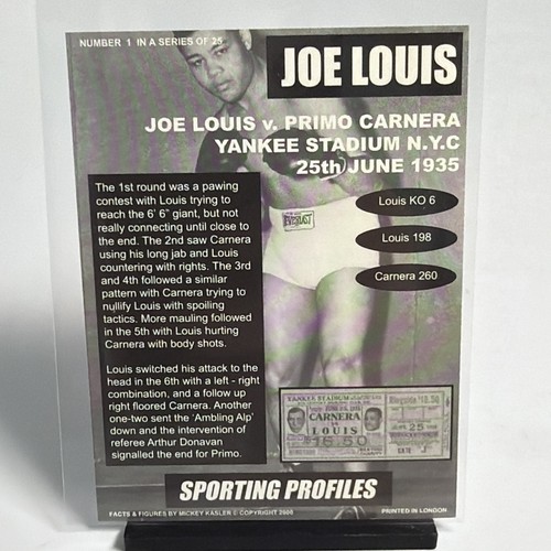 Rare 2000 Joe Louis Boxing Card #1 Sporting Profiles Mickey Kasler NM London - Picture 6 of 9