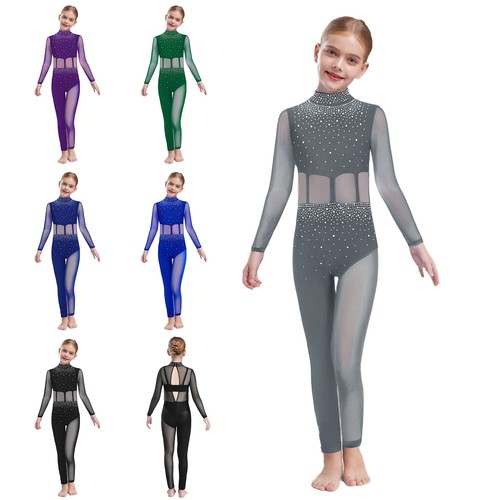 Girls Figure Skating Leotard Athletic Jumpsuit Sparkly Full Body Ballet Dance - Picture 3 of 80
