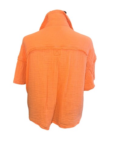 We The Free Orange Cotton Waffle Gauze Textured Short Sleeve Button-Up Shirt L - Picture 3 of 11