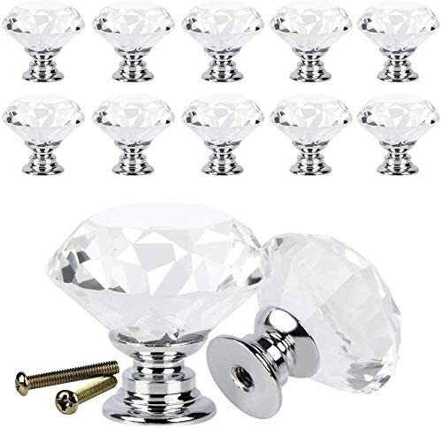 12Pcs Crystal Diamond Door Knobs Transparent Glass Clear Cabinet Drawer Handle - Picture 9 of 15