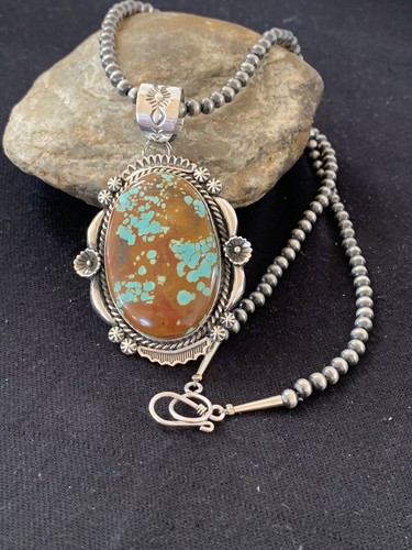 Mens Blue Turquoise #8 Pendant Navajo Sterling Silver Beads Necklace 00527 - Picture 5 of 12