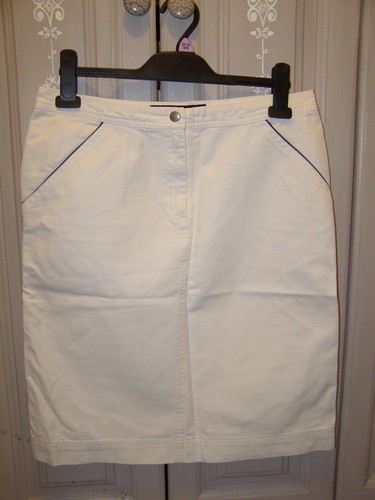 French Connection Gr. 12 weiß Baumwolle Denim Rock mit marineblauen Pfeifen Vintage