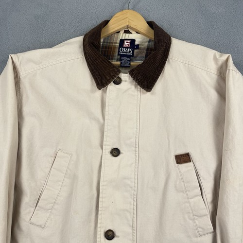 Chaps Ralph Lauren Coat Jacket Men's L Beige Button Zip Corduroy Collar Stain - Picture 2 of 20