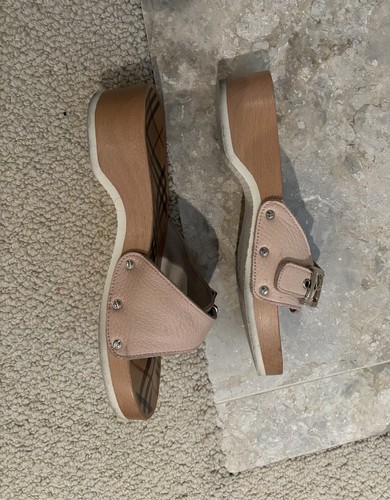 BURBERRY Dr Scholls Sandals Plaid Print Wood Platform Pink Leather Strap 37 7 8 - Picture 6 of 7