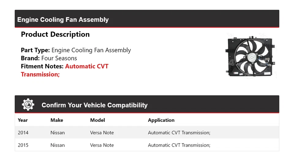 Вентилятор охлаждения двигателя в сборе 4 сезона для Nissan Versa Note 2014-2015 годов выпуска - Изображение 2 из 4