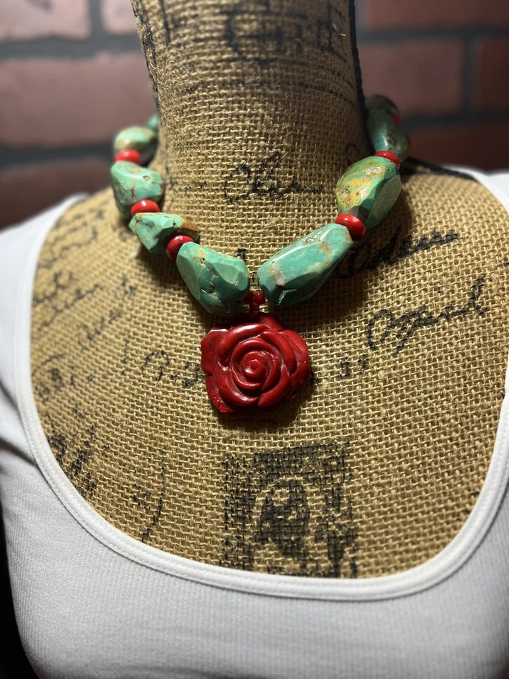 Collar llamativo GRANDE Turquesa y Coral Rojo Vintage Estilo Bohemio Collar Foto 3 de 4