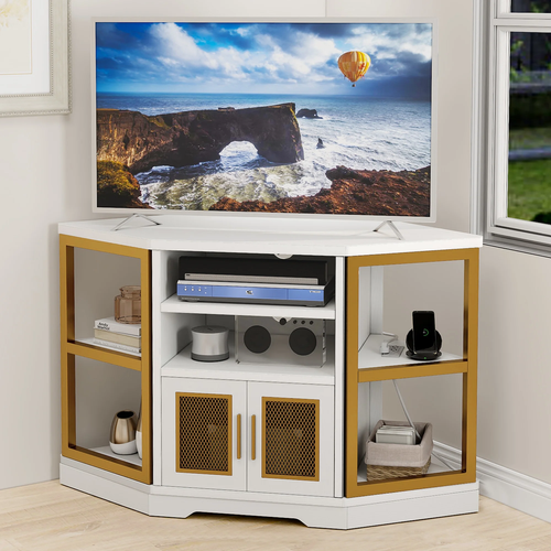 Dextrus Farmhouse Corner TV Stand for Tvs up to 55 Inch with Power Outlet, Wood - Picture 10 of 18
