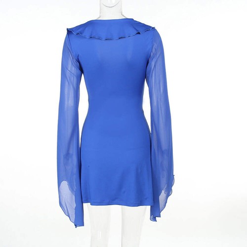 Y2K Ruffled Lace-up Dress - Sexy V-neck Long-sleeved Slim Skirt Short Dress for - Picture 5 of 19