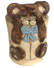Teddy Bear Planter 6" Baby Boy Nursery Blue Bow 70s Cottagecore Art Mid-Century