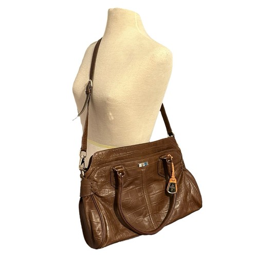 COLE HAAN Leather Crocodile Embossed Brown Satchel Crossbody Strap Handle 16x11” - Picture 9 of 14