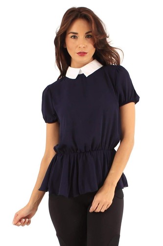 Mujeres Vestidos Manga Corta Cuello Peter Pan Peplum Damas Mini Vestido Blusa Prenda para el torso - Imagen 4 de 33