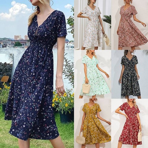 Women's Boho Summer V-Neck Midi Dress Chiffon Beach Holiday Party Dresses US