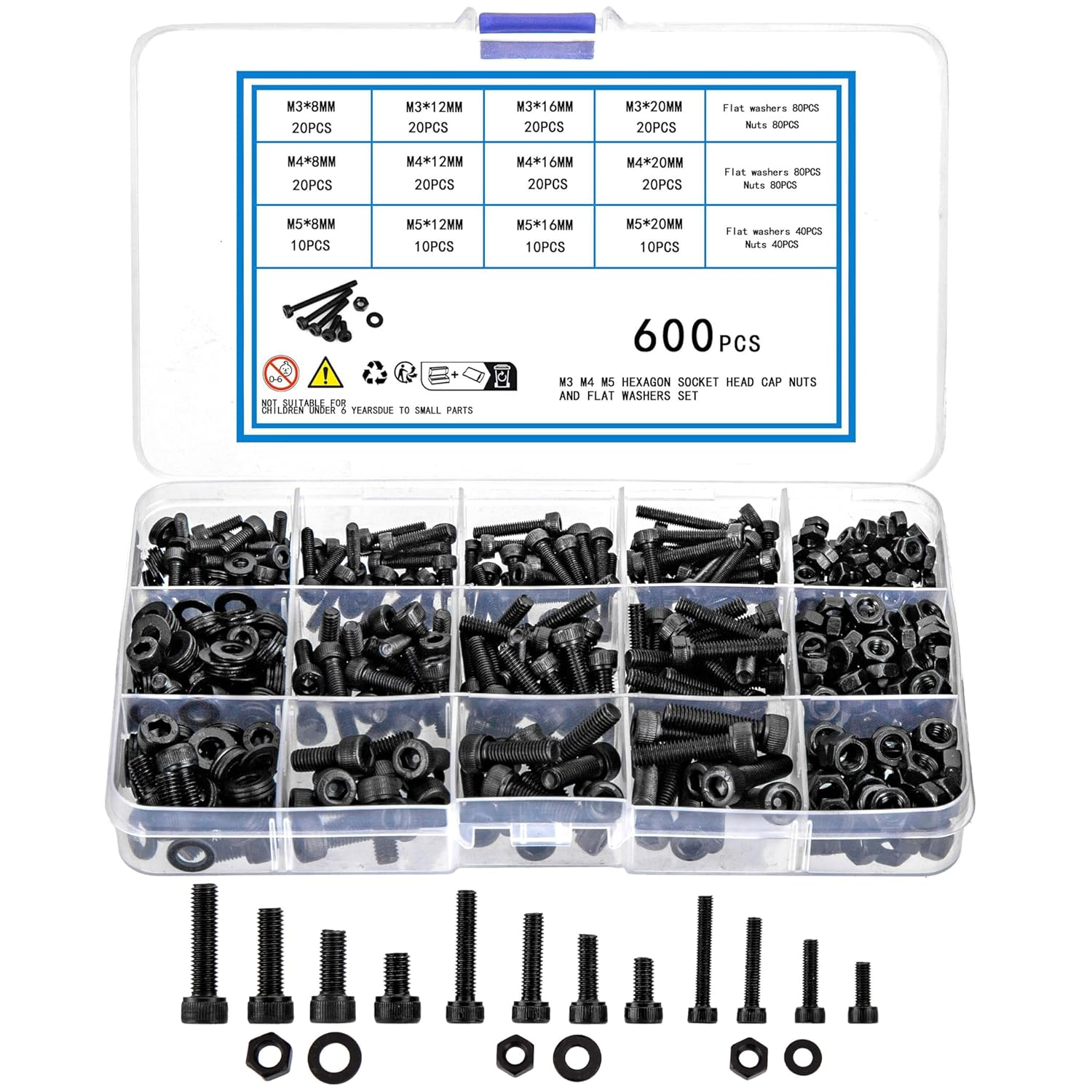 600 Pcs Metric Screws Bolts and Nuts and Washers Assortment Kit, Hex Socket Head