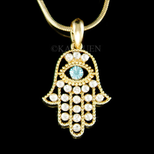 Judío ~ Hamsa Mano Azul Evil Eye ~ Con Cristal Swarovski Color Dorado Collar - Afbeelding 1 van 2