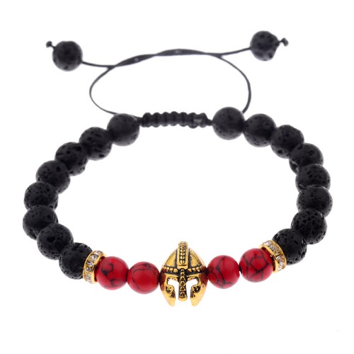8mm Black Natural Lava Stone Gold Spartan Helmet Charm Macrame Braided Bracelet - Picture 5 of 6