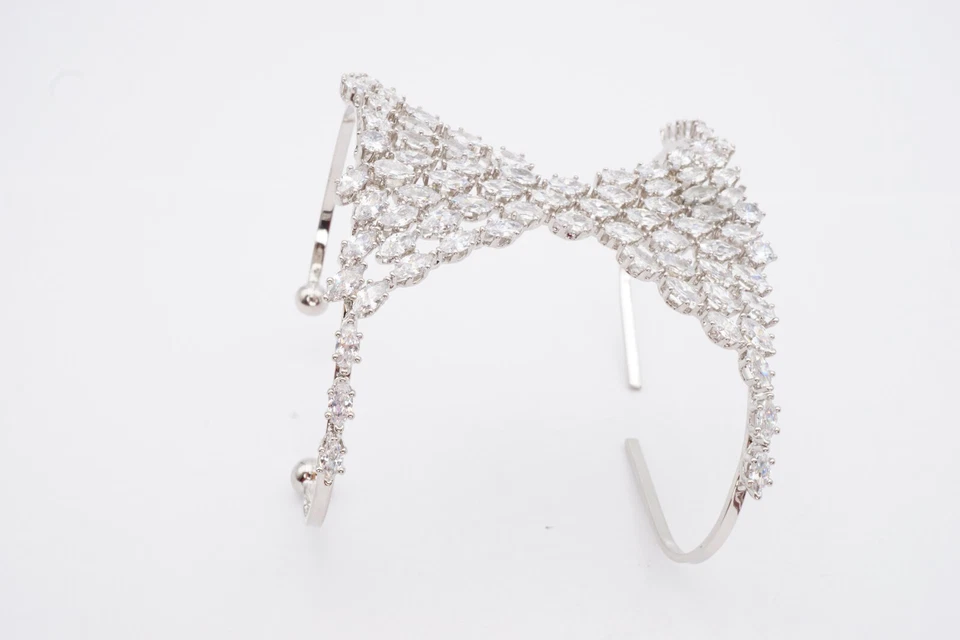 Crystal Cuff Bracelet 7.5" Silver Tone Hand Wrist Adjustable - Image 3 of 4