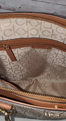 Calvin Klein Womens Triple Compartment Tote Bag Beige Brown Signature Purse Lucy - Picture 11 of 24