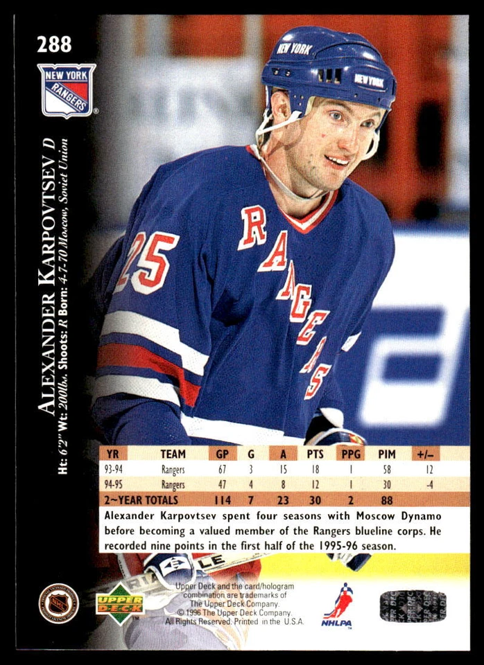 1995-96 Upper Deck #288 Alexander Karpovtsev New York Rangers Hockey Card - Image 2 of 2