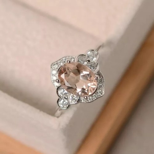 Anillo de diamantes morganita natural de corte ovalado de 2,10 quilates de oro blanco macizo de 14 quilates tamaño todo - Imagen 3 de 6