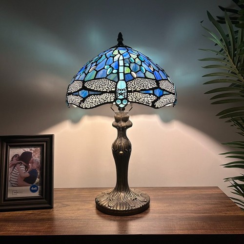 Tiffany Style Table Lamp Blue Stained Glass Dragonfly LED Bulb 19"H*12"W*12"D - Picture 4 of 10