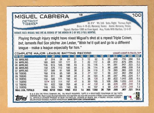 MIGUEL CABRERA DETROIT TIGERS #100 - TOPPS OPENING DAY NM-MT 2014 - Picture 2 of 2