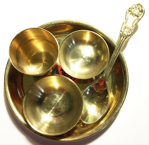 Vintage Brass Thali Plate Bowls Glass Spoon/Laddu Gopal Puja Bhog Thali PlateSet - Bild 2 von 3